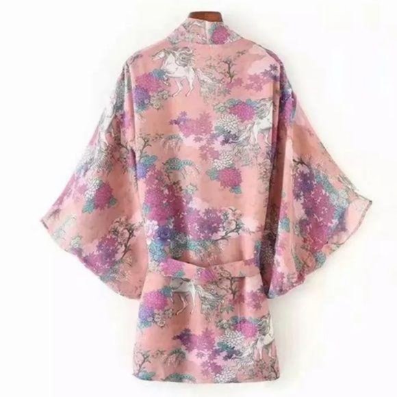 Luxe Boho Wild Horses Pink Floral Kimono CoverUp - Picture 4 of 9